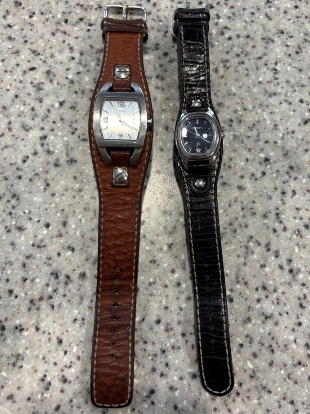 Women’s Leather Fossil Cuff Watch - Brown and black Strap. Bulk of 2. Needs Batt